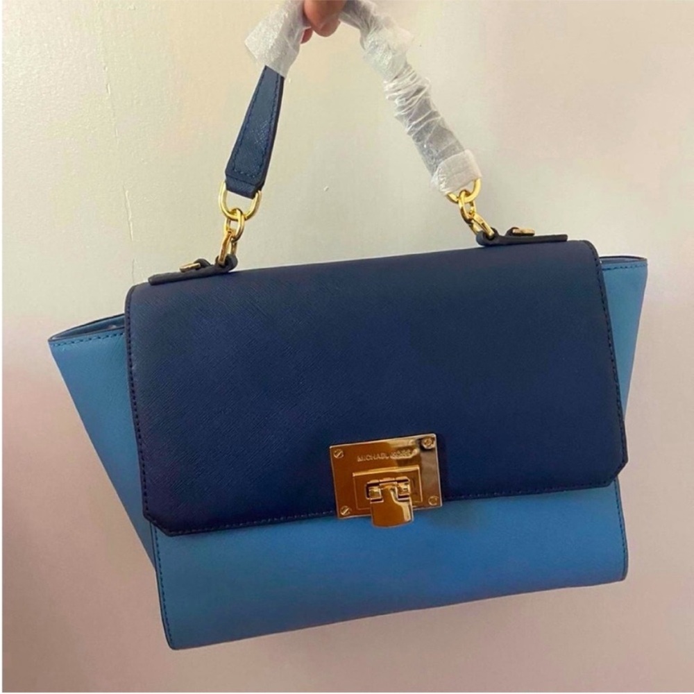 Michael Kors Tina Medium Leather Satchel Shoulder Handbag Sky/Navy - Picture 4 of 9